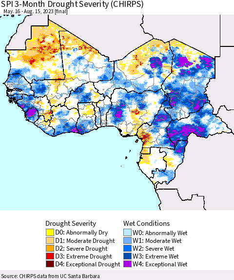 Western Africa SPI 3-Month Drought Severity (CHIRPS) Thematic Map For 5/16/2023 - 8/15/2023