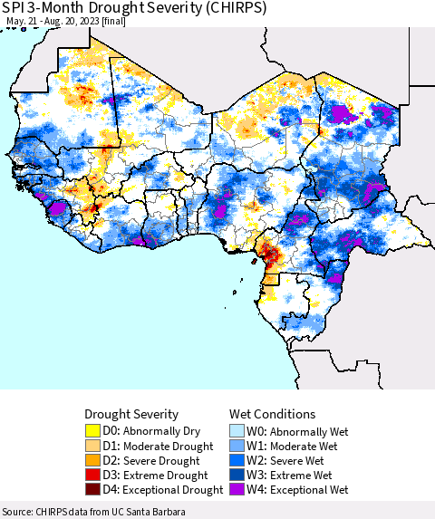 Western Africa SPI 3-Month Drought Severity (CHIRPS) Thematic Map For 5/21/2023 - 8/20/2023