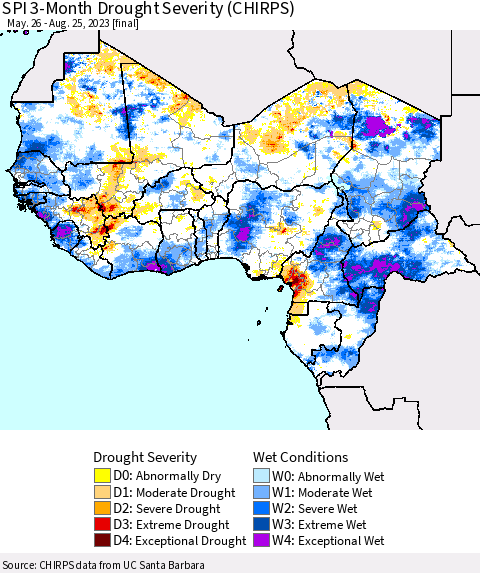 Western Africa SPI 3-Month Drought Severity (CHIRPS) Thematic Map For 5/26/2023 - 8/25/2023