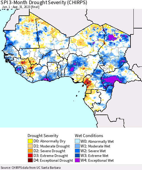 Western Africa SPI 3-Month Drought Severity (CHIRPS) Thematic Map For 6/1/2023 - 8/31/2023
