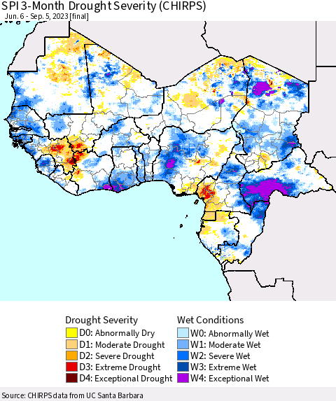 Western Africa SPI 3-Month Drought Severity (CHIRPS) Thematic Map For 6/6/2023 - 9/5/2023