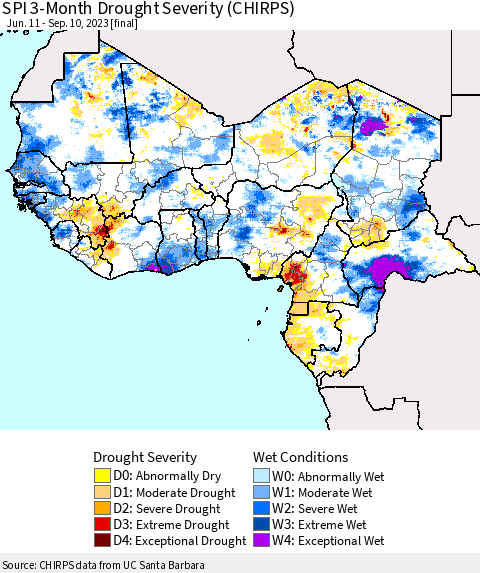 Western Africa SPI 3-Month Drought Severity (CHIRPS) Thematic Map For 6/11/2023 - 9/10/2023