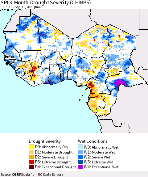 Western Africa SPI 3-Month Drought Severity (CHIRPS) Thematic Map For 6/16/2023 - 9/15/2023