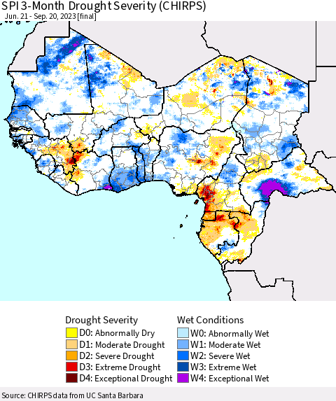Western Africa SPI 3-Month Drought Severity (CHIRPS) Thematic Map For 6/21/2023 - 9/20/2023