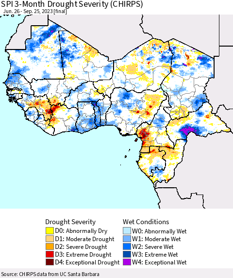 Western Africa SPI 3-Month Drought Severity (CHIRPS) Thematic Map For 6/26/2023 - 9/25/2023