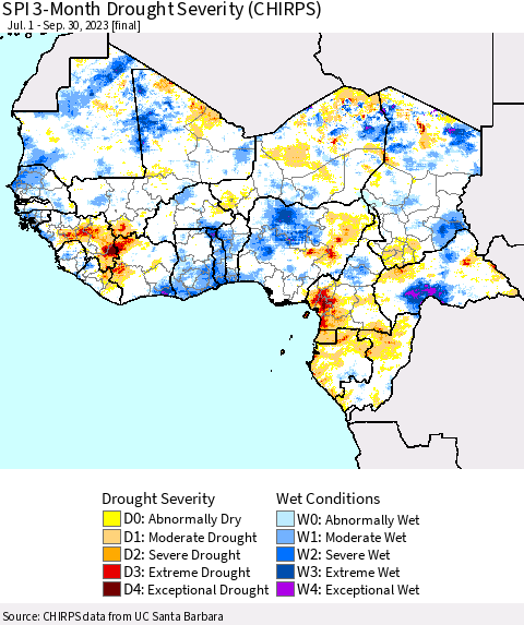 Western Africa SPI 3-Month Drought Severity (CHIRPS) Thematic Map For 7/1/2023 - 9/30/2023