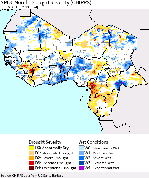 Western Africa SPI 3-Month Drought Severity (CHIRPS) Thematic Map For 7/6/2023 - 10/5/2023