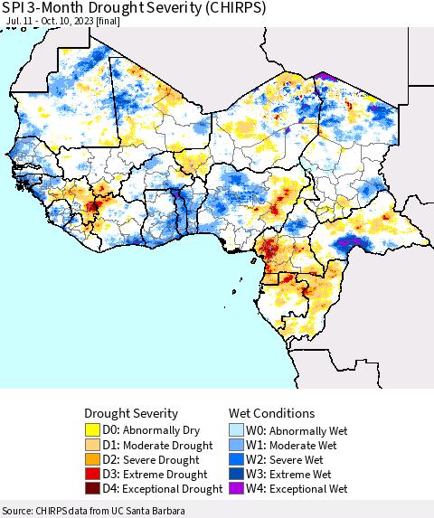 Western Africa SPI 3-Month Drought Severity (CHIRPS) Thematic Map For 7/11/2023 - 10/10/2023