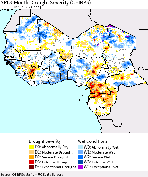 Western Africa SPI 3-Month Drought Severity (CHIRPS) Thematic Map For 7/16/2023 - 10/15/2023