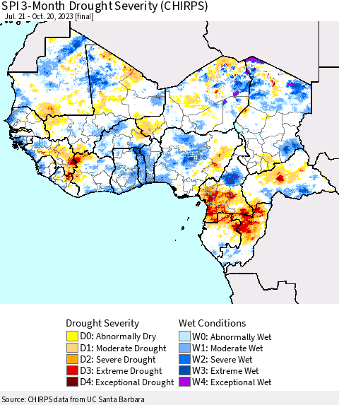 Western Africa SPI 3-Month Drought Severity (CHIRPS) Thematic Map For 7/21/2023 - 10/20/2023