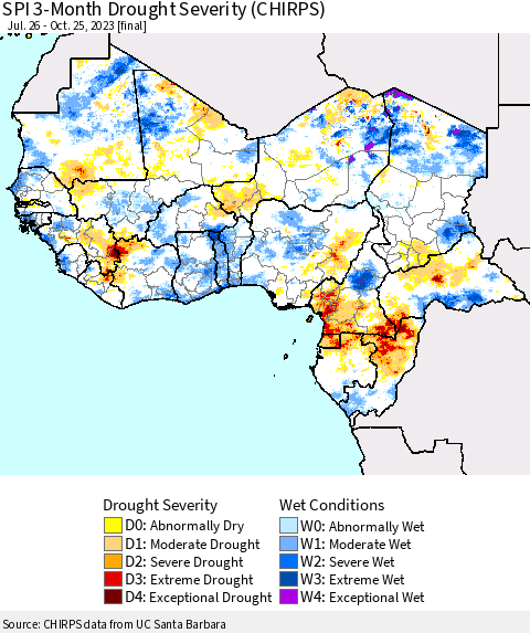 Western Africa SPI 3-Month Drought Severity (CHIRPS) Thematic Map For 7/26/2023 - 10/25/2023