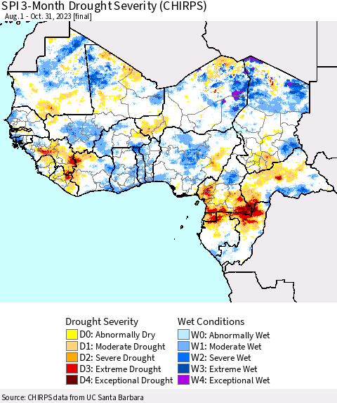 Western Africa SPI 3-Month Drought Severity (CHIRPS) Thematic Map For 8/1/2023 - 10/31/2023