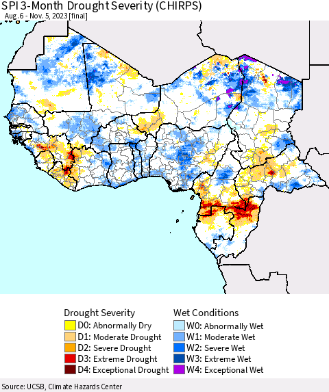 Western Africa SPI 3-Month Drought Severity (CHIRPS) Thematic Map For 8/6/2023 - 11/5/2023