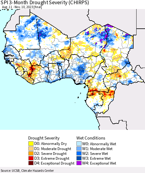Western Africa SPI 3-Month Drought Severity (CHIRPS) Thematic Map For 8/11/2023 - 11/10/2023