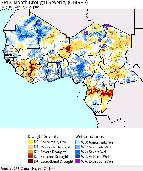 Western Africa SPI 3-Month Drought Severity (CHIRPS) Thematic Map For 8/16/2023 - 11/15/2023