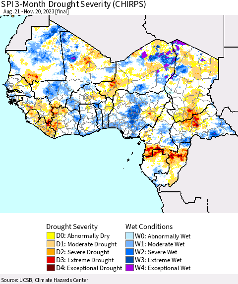 Western Africa SPI 3-Month Drought Severity (CHIRPS) Thematic Map For 8/21/2023 - 11/20/2023
