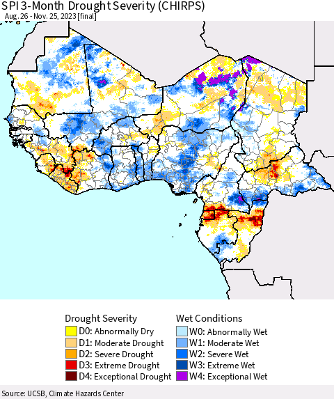 Western Africa SPI 3-Month Drought Severity (CHIRPS) Thematic Map For 8/26/2023 - 11/25/2023