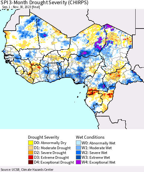 Western Africa SPI 3-Month Drought Severity (CHIRPS) Thematic Map For 9/1/2023 - 11/30/2023