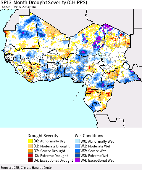 Western Africa SPI 3-Month Drought Severity (CHIRPS) Thematic Map For 9/6/2023 - 12/5/2023