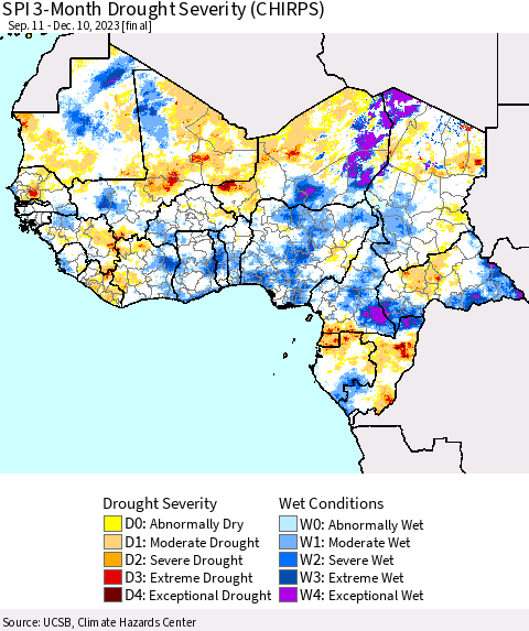 Western Africa SPI 3-Month Drought Severity (CHIRPS) Thematic Map For 9/11/2023 - 12/10/2023