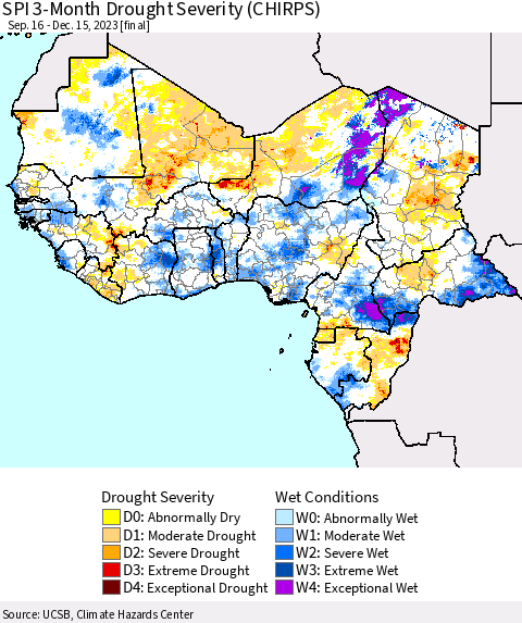 Western Africa SPI 3-Month Drought Severity (CHIRPS) Thematic Map For 9/16/2023 - 12/15/2023