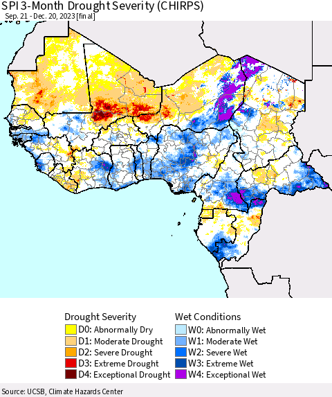 Western Africa SPI 3-Month Drought Severity (CHIRPS) Thematic Map For 9/21/2023 - 12/20/2023
