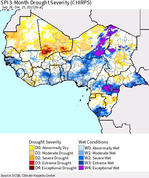 Western Africa SPI 3-Month Drought Severity (CHIRPS) Thematic Map For 9/26/2023 - 12/25/2023