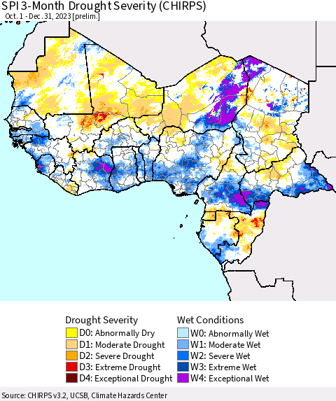 Western Africa SPI 3-Month Drought Severity (CHIRPS) Thematic Map For 10/1/2023 - 12/31/2023