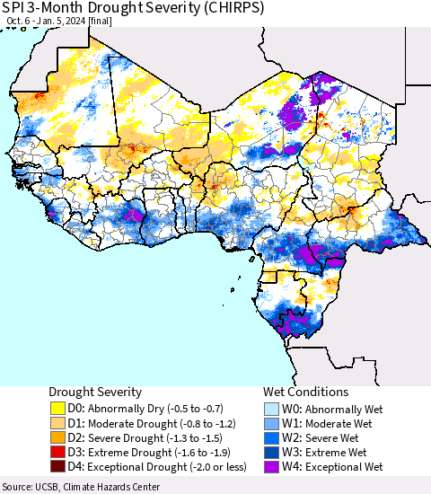 Western Africa SPI 3-Month Drought Severity (CHIRPS) Thematic Map For 10/6/2023 - 1/5/2024