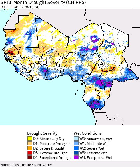 Western Africa SPI 3-Month Drought Severity (CHIRPS) Thematic Map For 10/11/2023 - 1/10/2024