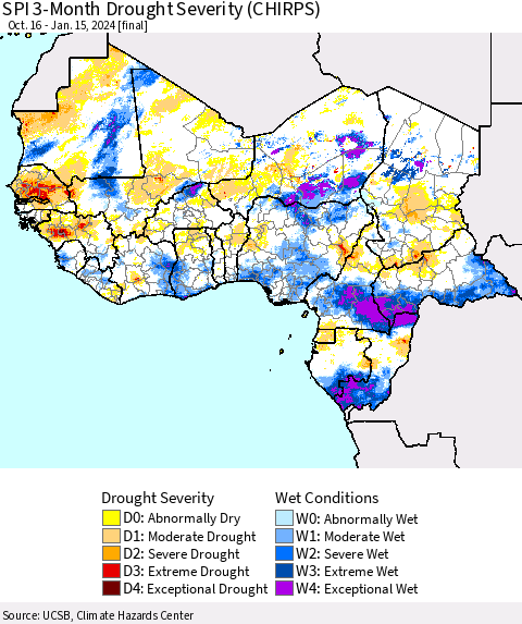 Western Africa SPI 3-Month Drought Severity (CHIRPS) Thematic Map For 10/16/2023 - 1/15/2024