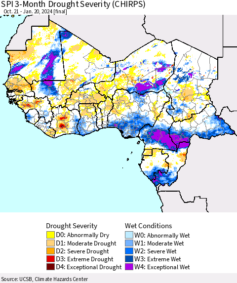 Western Africa SPI 3-Month Drought Severity (CHIRPS) Thematic Map For 10/21/2023 - 1/20/2024
