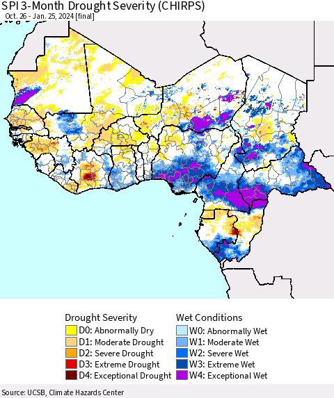 Western Africa SPI 3-Month Drought Severity (CHIRPS) Thematic Map For 10/26/2023 - 1/25/2024