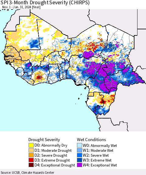 Western Africa SPI 3-Month Drought Severity (CHIRPS) Thematic Map For 11/1/2023 - 1/31/2024