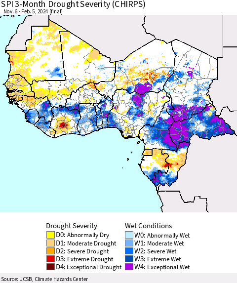 Western Africa SPI 3-Month Drought Severity (CHIRPS) Thematic Map For 11/6/2023 - 2/5/2024