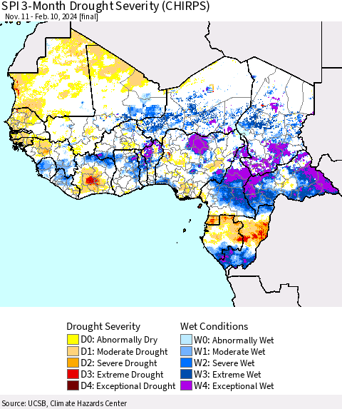 Western Africa SPI 3-Month Drought Severity (CHIRPS) Thematic Map For 11/11/2023 - 2/10/2024