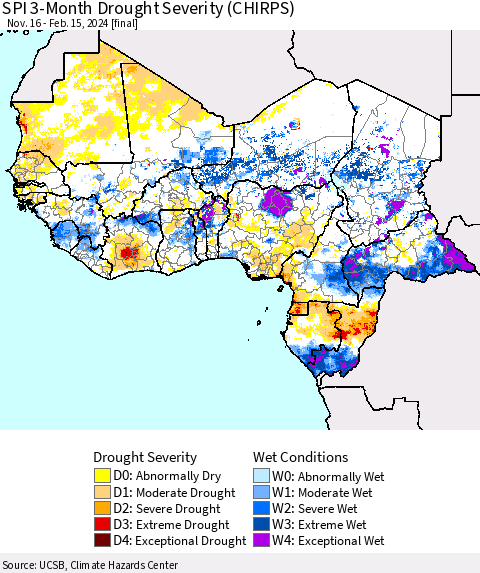 Western Africa SPI 3-Month Drought Severity (CHIRPS) Thematic Map For 11/16/2023 - 2/15/2024