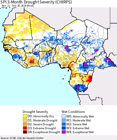 Western Africa SPI 3-Month Drought Severity (CHIRPS) Thematic Map For 11/21/2023 - 2/20/2024