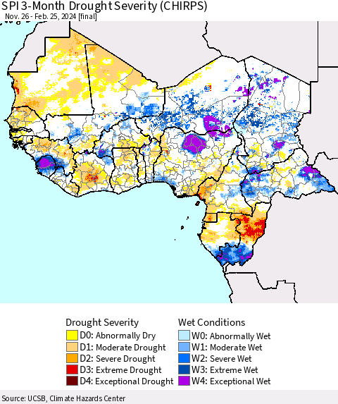 Western Africa SPI 3-Month Drought Severity (CHIRPS) Thematic Map For 11/26/2023 - 2/25/2024
