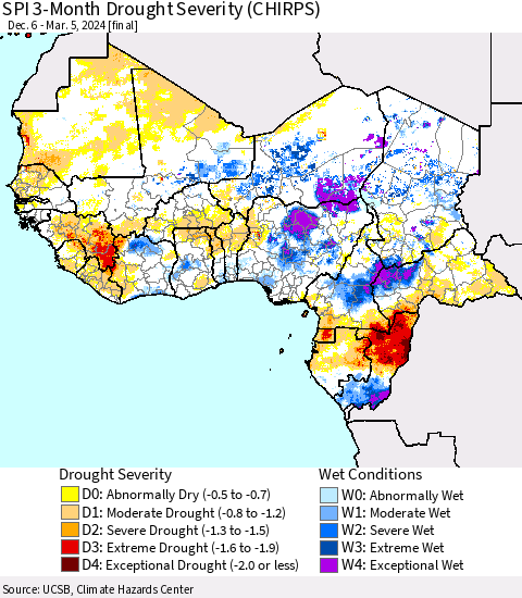 Western Africa SPI 3-Month Drought Severity (CHIRPS) Thematic Map For 12/6/2023 - 3/5/2024