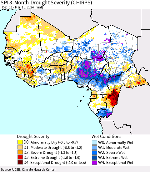 Western Africa SPI 3-Month Drought Severity (CHIRPS) Thematic Map For 12/11/2023 - 3/10/2024