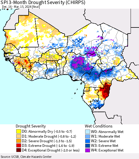 Western Africa SPI 3-Month Drought Severity (CHIRPS) Thematic Map For 12/16/2023 - 3/15/2024