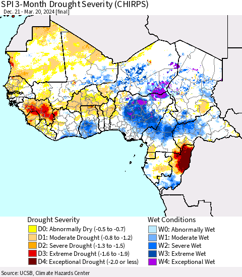 Western Africa SPI 3-Month Drought Severity (CHIRPS) Thematic Map For 12/21/2023 - 3/20/2024