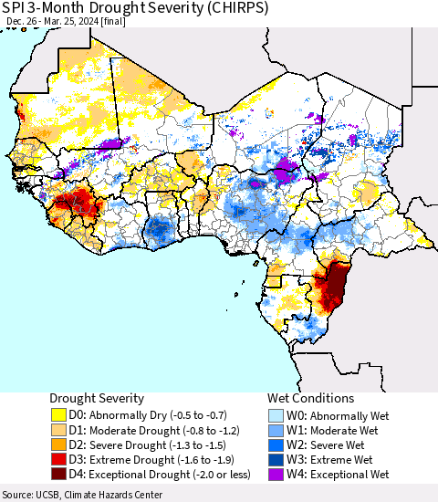 Western Africa SPI 3-Month Drought Severity (CHIRPS) Thematic Map For 12/26/2023 - 3/25/2024