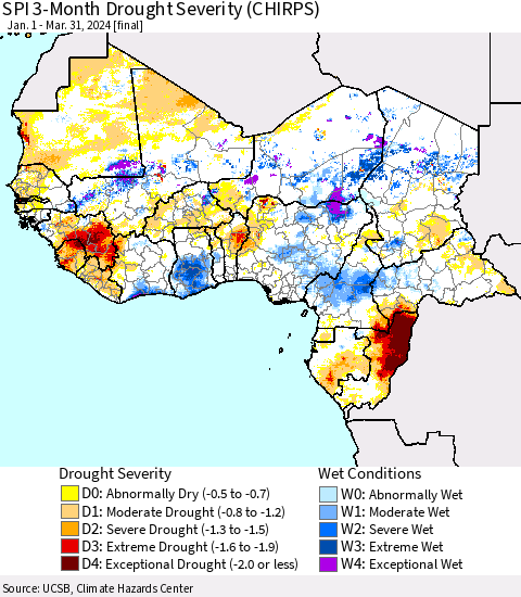 Western Africa SPI 3-Month Drought Severity (CHIRPS) Thematic Map For 1/1/2024 - 3/31/2024