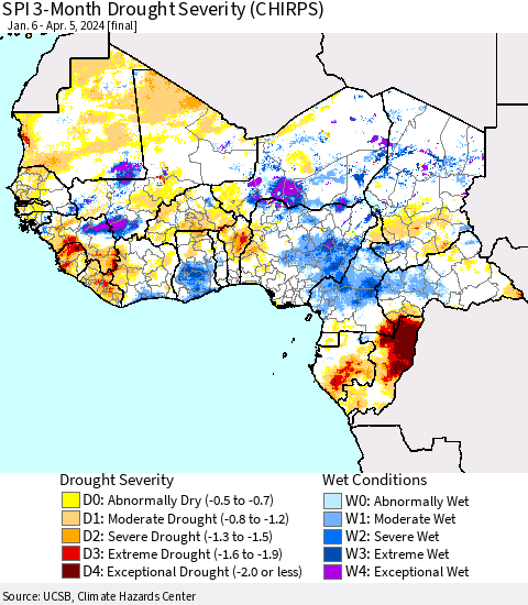 Western Africa SPI 3-Month Drought Severity (CHIRPS) Thematic Map For 1/6/2024 - 4/5/2024
