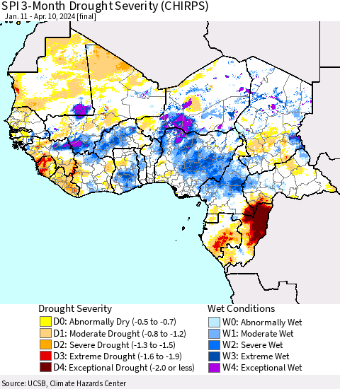 Western Africa SPI 3-Month Drought Severity (CHIRPS) Thematic Map For 1/11/2024 - 4/10/2024