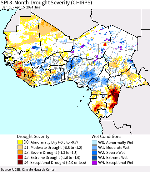 Western Africa SPI 3-Month Drought Severity (CHIRPS) Thematic Map For 1/16/2024 - 4/15/2024