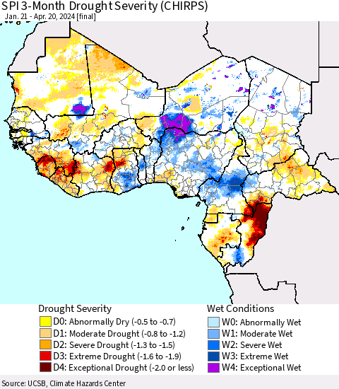 Western Africa SPI 3-Month Drought Severity (CHIRPS) Thematic Map For 1/21/2024 - 4/20/2024