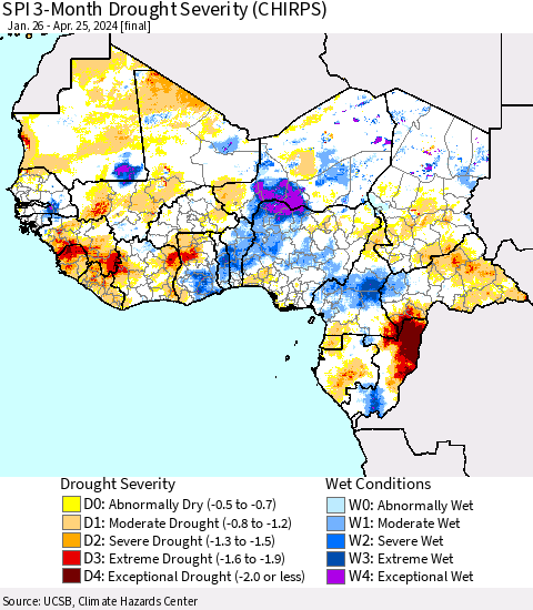 Western Africa SPI 3-Month Drought Severity (CHIRPS) Thematic Map For 1/26/2024 - 4/25/2024